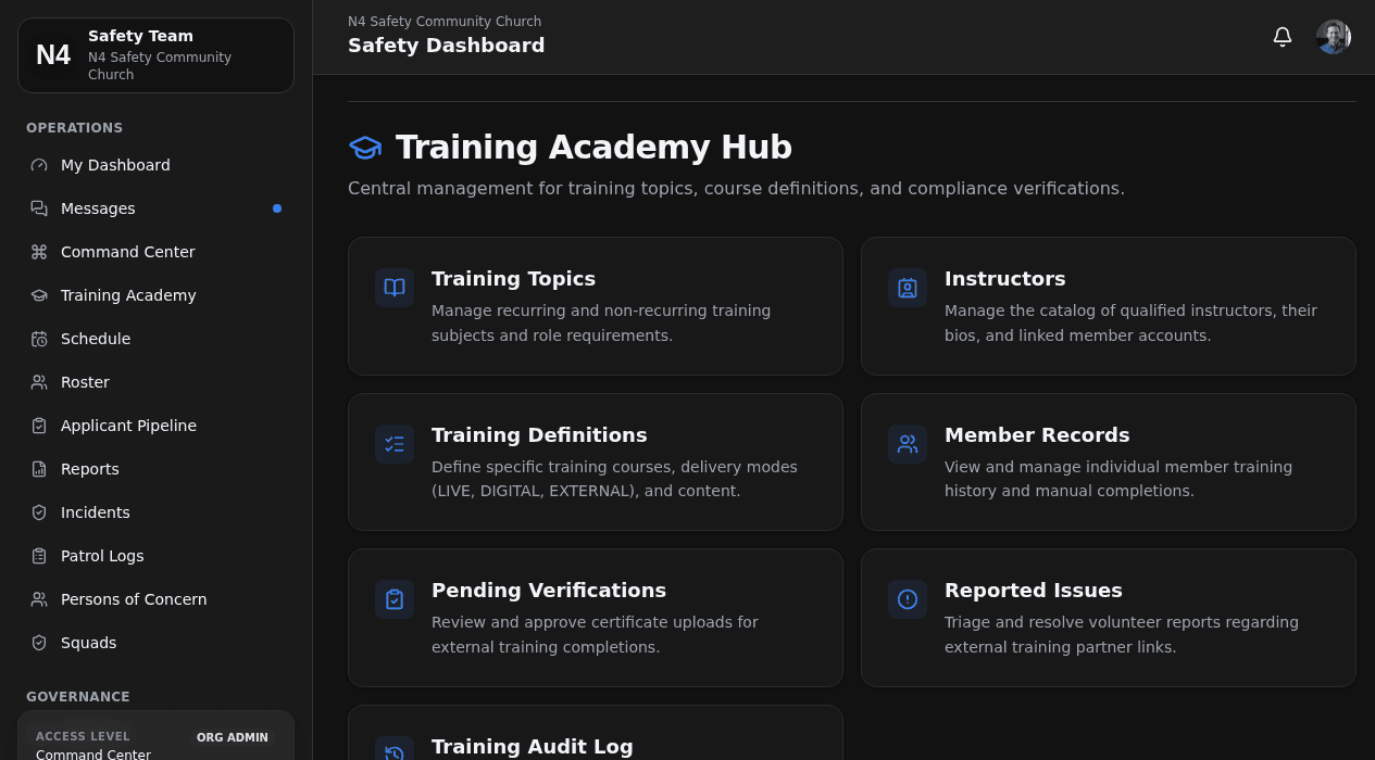 N4 Safety Training Academy management hub on a desktop, showing topics, instructors and verifications.