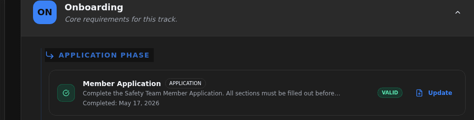 N4 Safety compliance track on a desktop, showing a Member Application requirement marked Valid with a Completed May 17, 2026 timestamp under the Onboarding track's Application Phase.