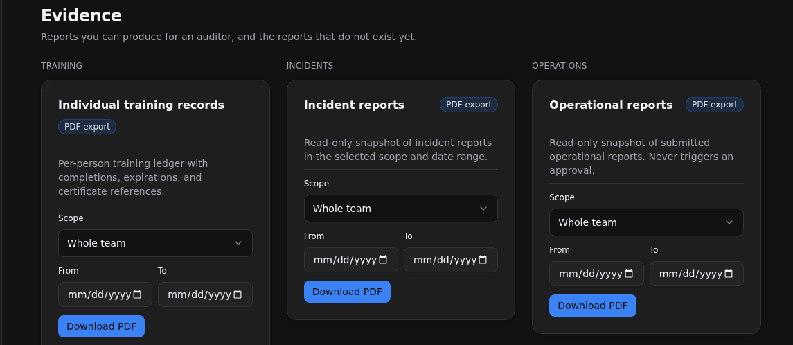 N4 Safety Audit Center Evidence tab on a desktop, showing three PDF-export report cards — Individual training records, Incident reports and Operational reports — each with a scope selector and a Download-PDF button.