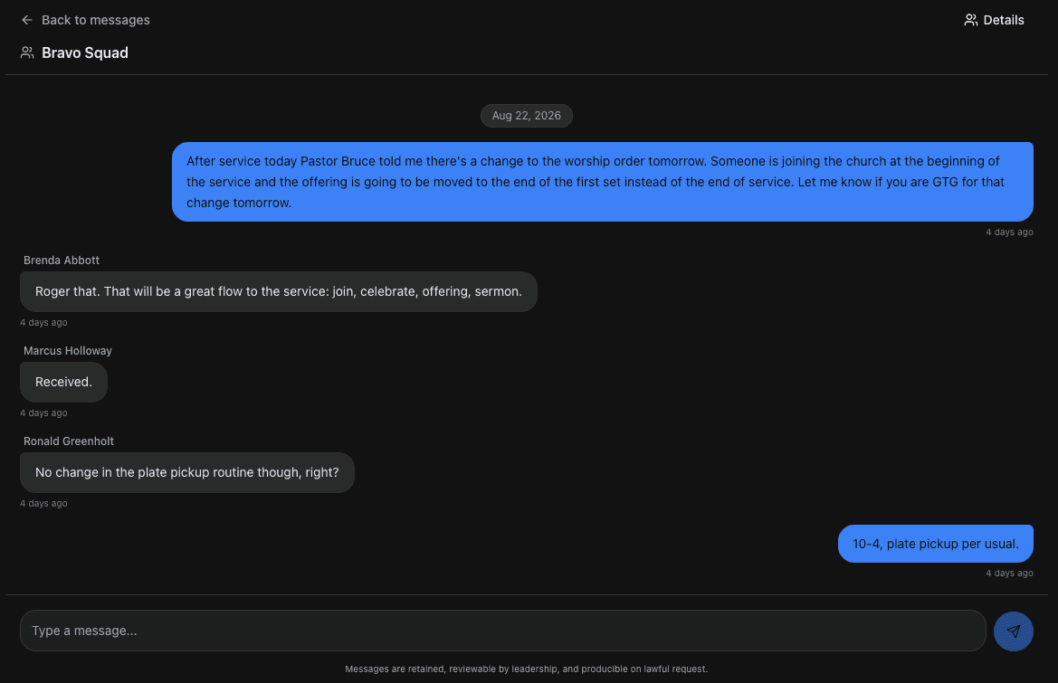N4 Safety in-app messaging on a desktop, showing a group thread of five time-stamped messages coordinating a change to an upcoming service, above a message composer and a footer noting that messages are retained, reviewable by leadership, and producible on lawful request.