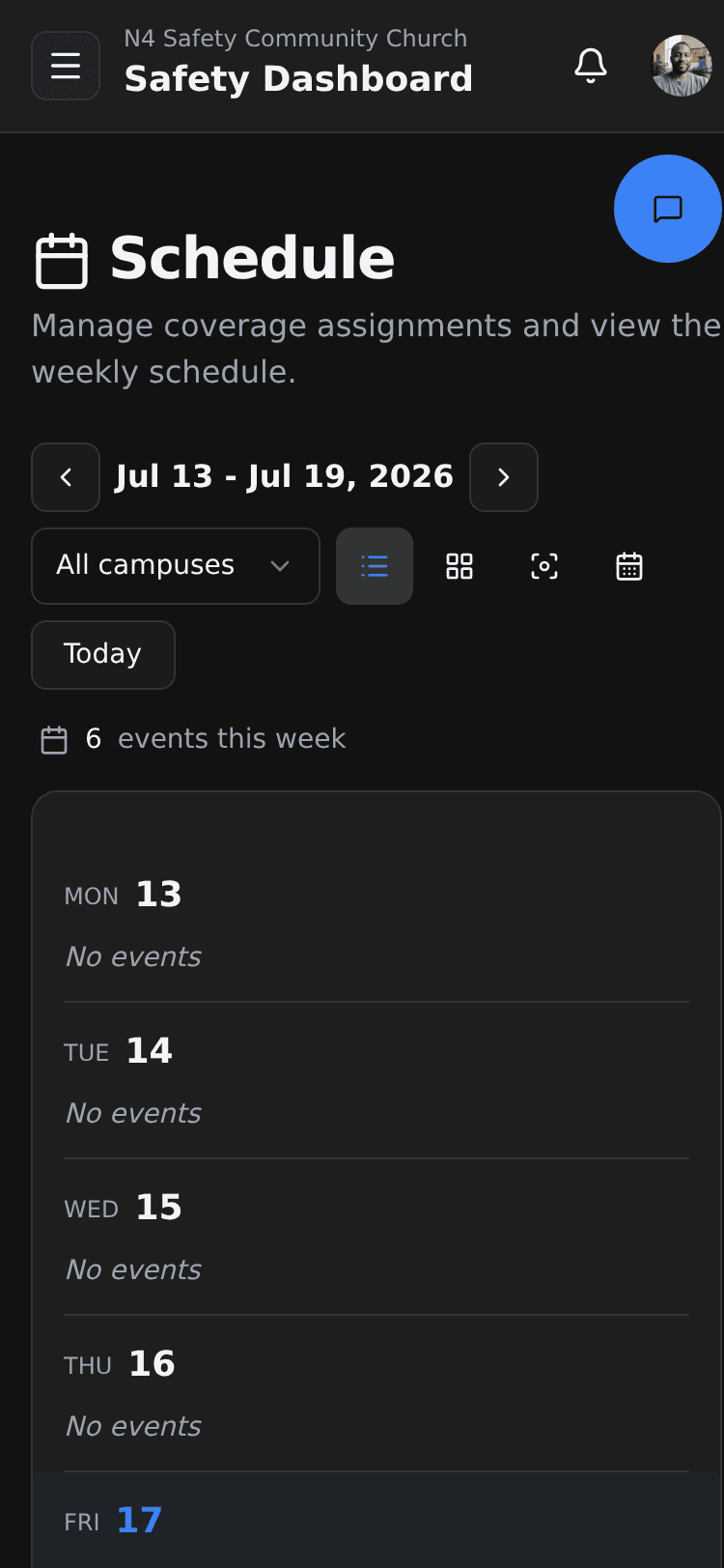 N4 Safety schedule on a phone, showing weekly Sunday service coverage across campuses.
