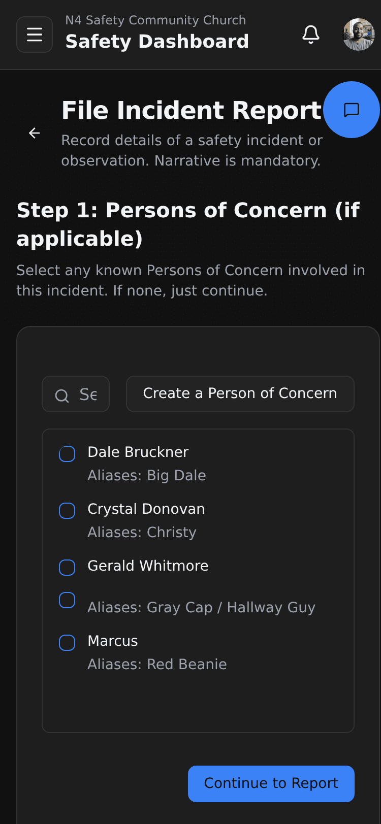 N4 Safety incident report on a phone, linking persons of concern.