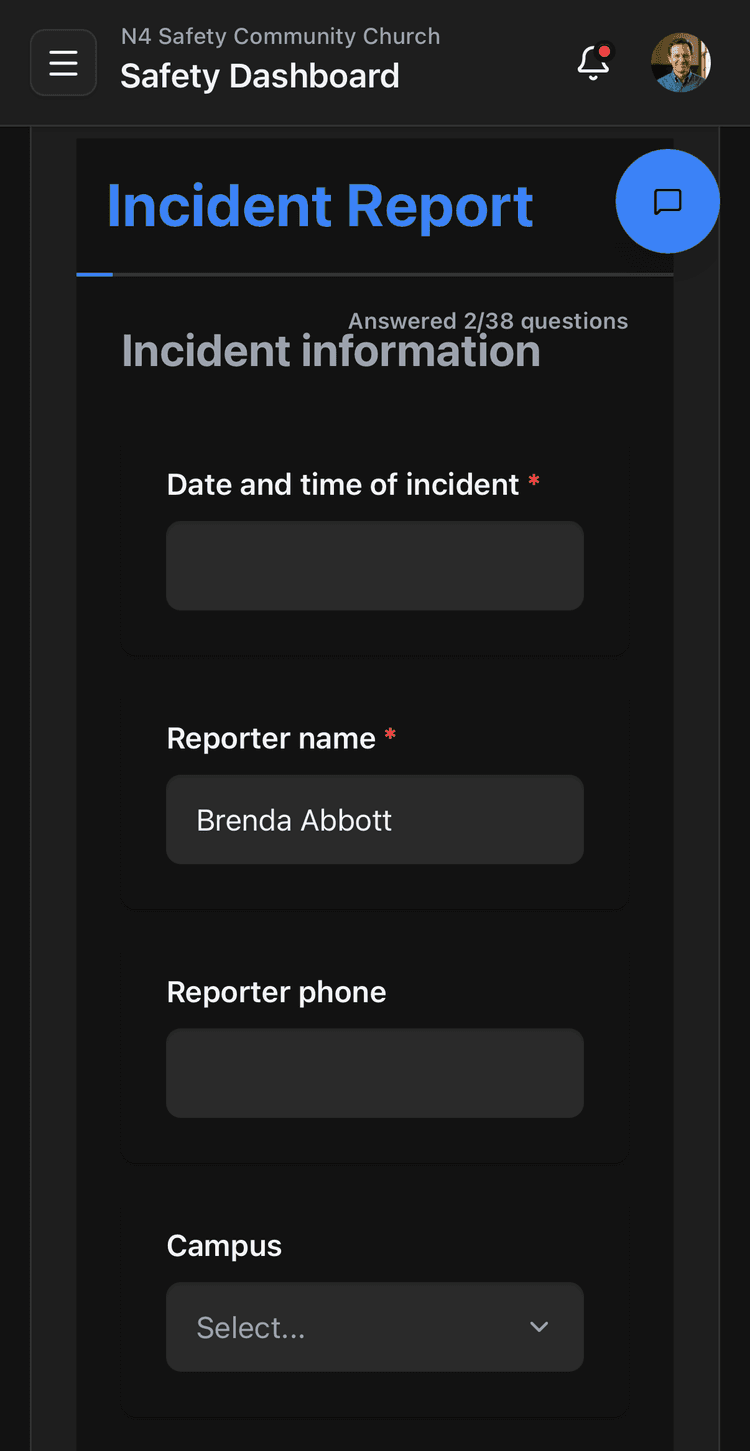 N4 Safety incident report on a phone, showing a configured multi-question form with a progress note showing 2 of 38 questions answered, above Incident-information fields for the date and time of the incident, the reporter's name and phone, and the campus.