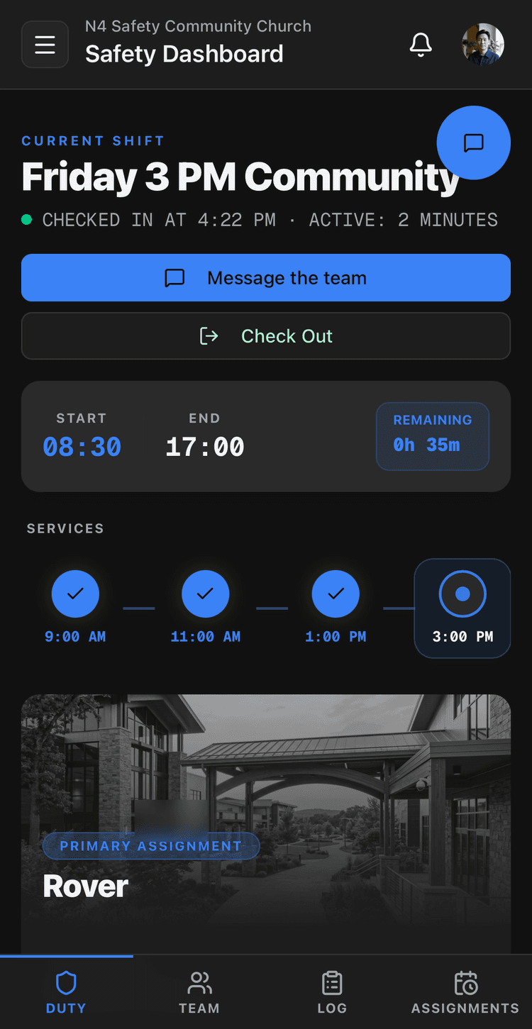 N4 Safety On Duty Mode dashboard on a phone, showing a checked-in Friday 3 PM Community shift with Message-the-team and Check-Out buttons, a shift clock from 08:30 to 17:00 with time remaining, a services timeline of three completed services and the 3 PM one active, and a Rover primary assignment card, above a Duty, Team, Log and Assignments tab bar.