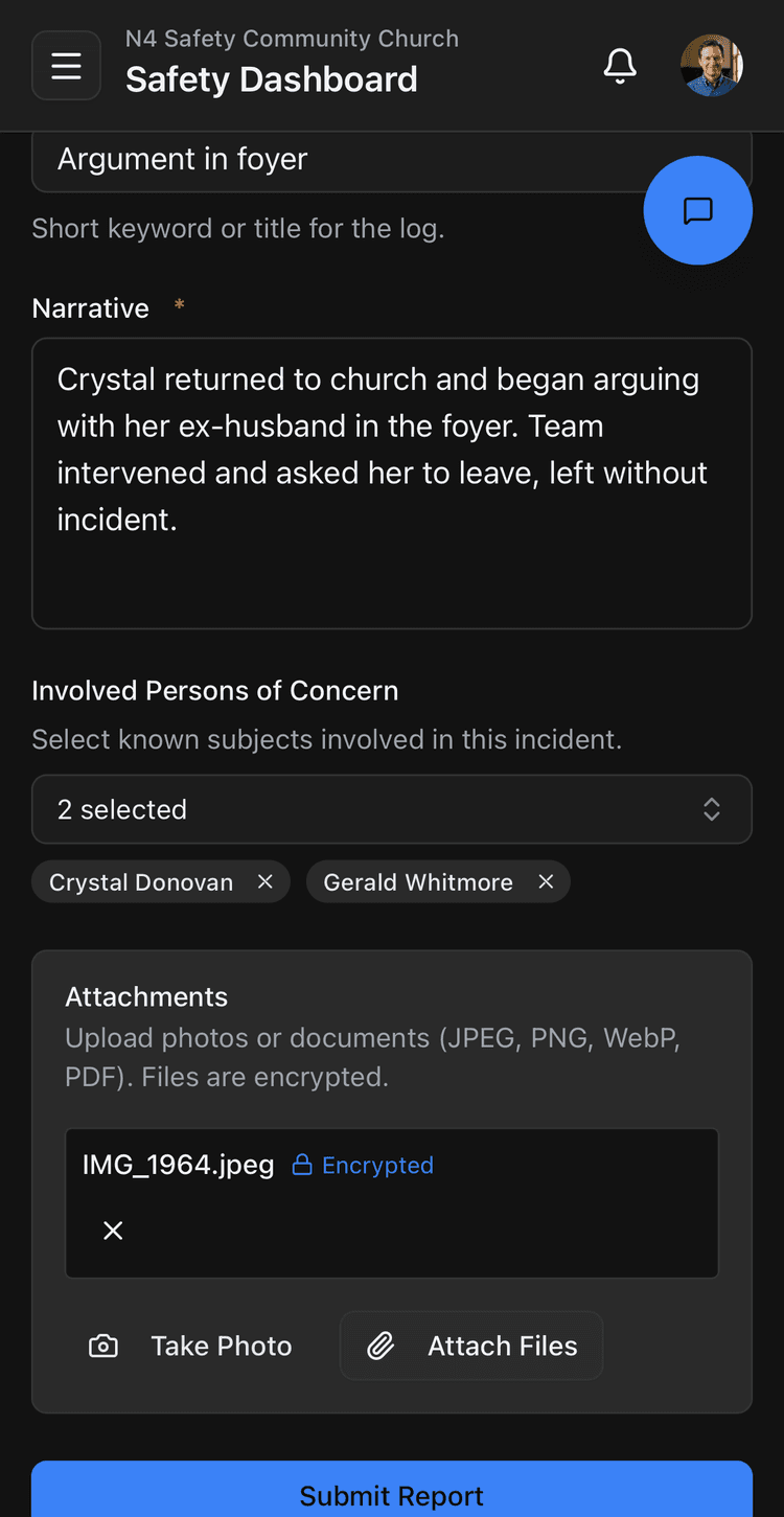 N4 Safety incident report on a phone, showing the built-in report form with a title field, a narrative field, a persons-of-concern selector, an encrypted photo attachment, and Take Photo, Attach Files and Submit Report buttons.